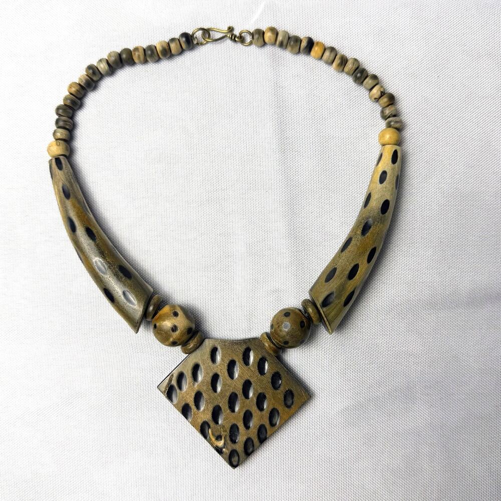 VTG African Batik Bone Statement Necklace Dot Pattern Diamond Pendant 19"‎ Gift